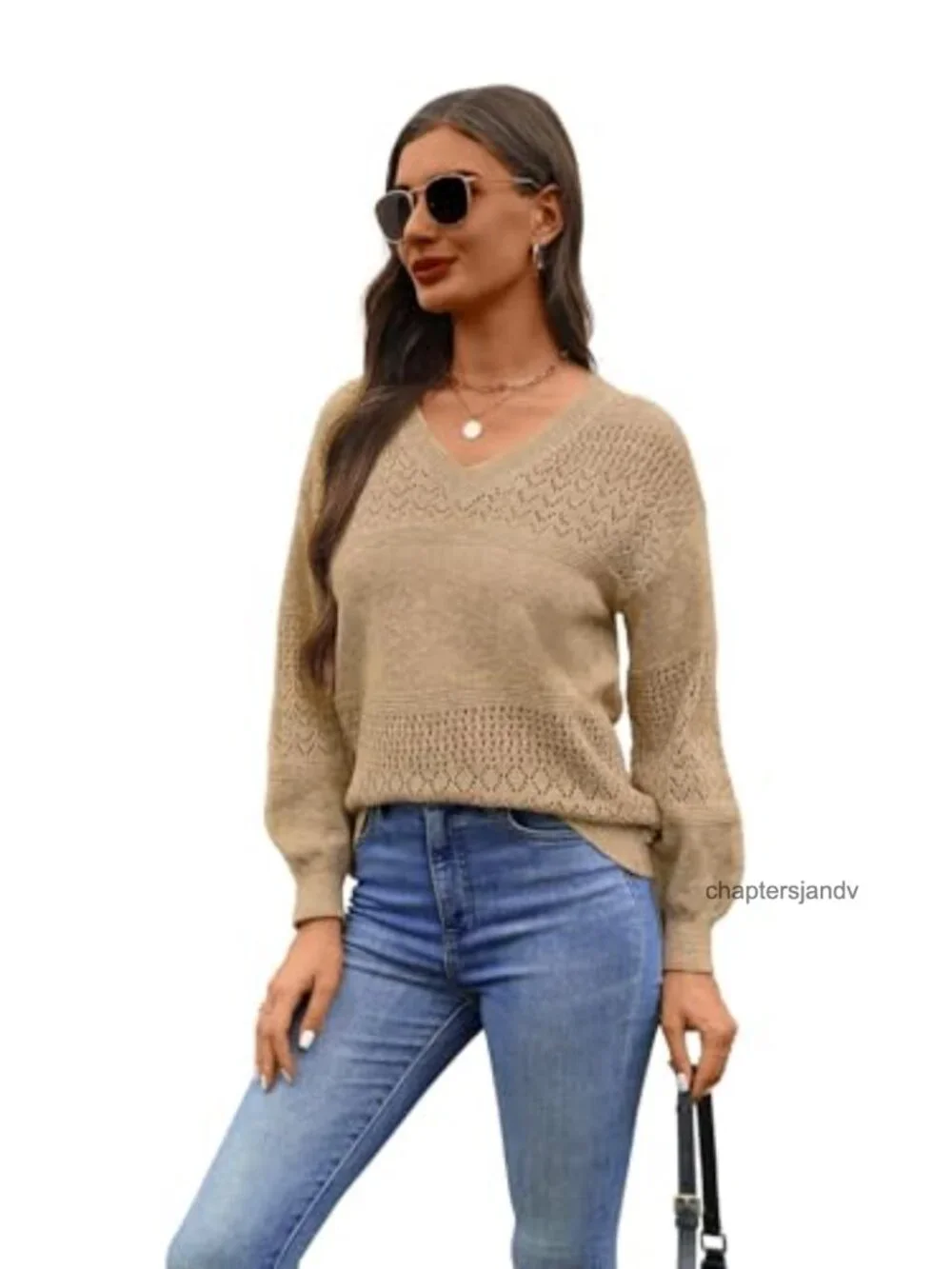Womens Cable Knit V Neck Long Sleeve Pullover Sweater Oversized